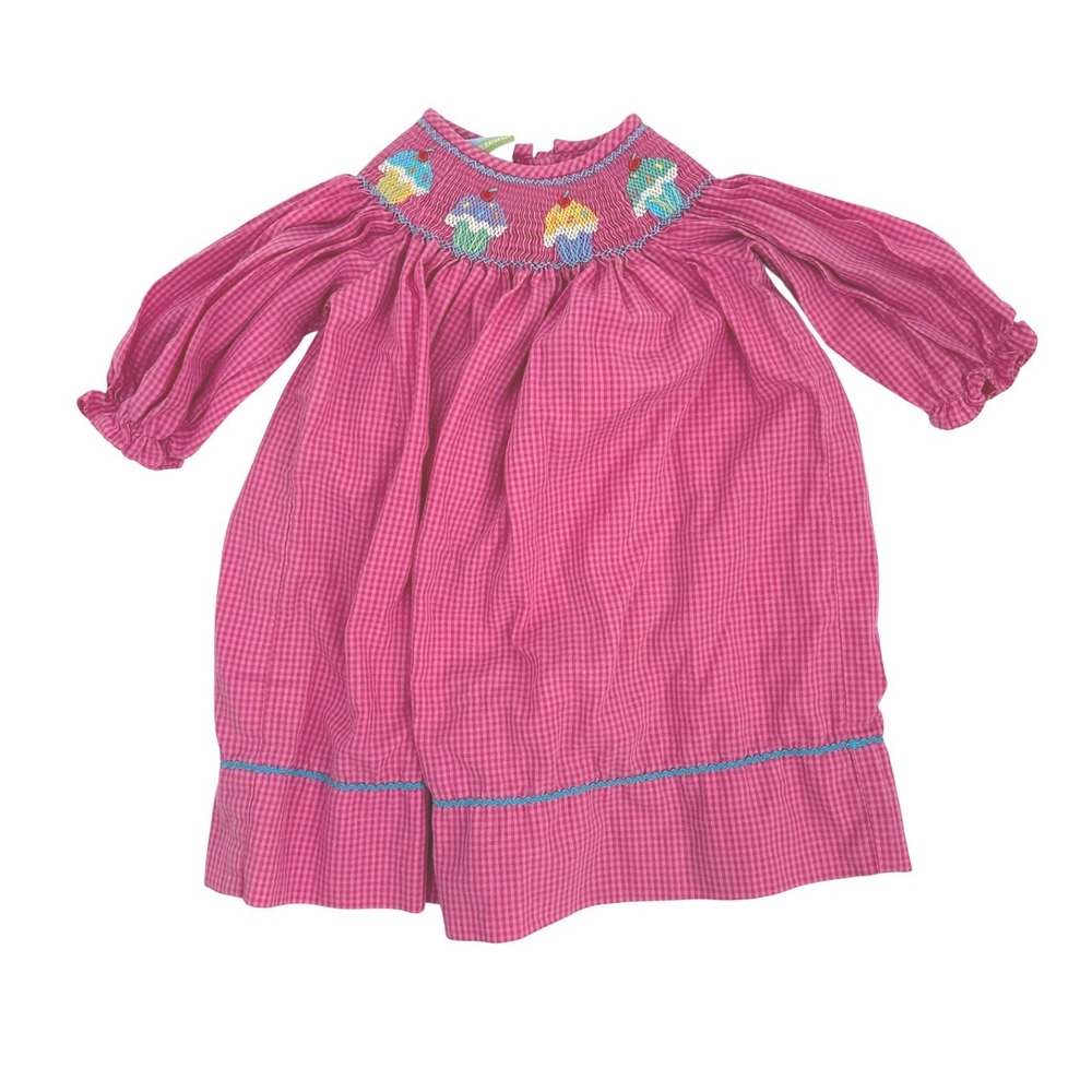 Velani Classics Bishop Dress Girls 12M Pink Gingham Smocked Cupcake Birthday